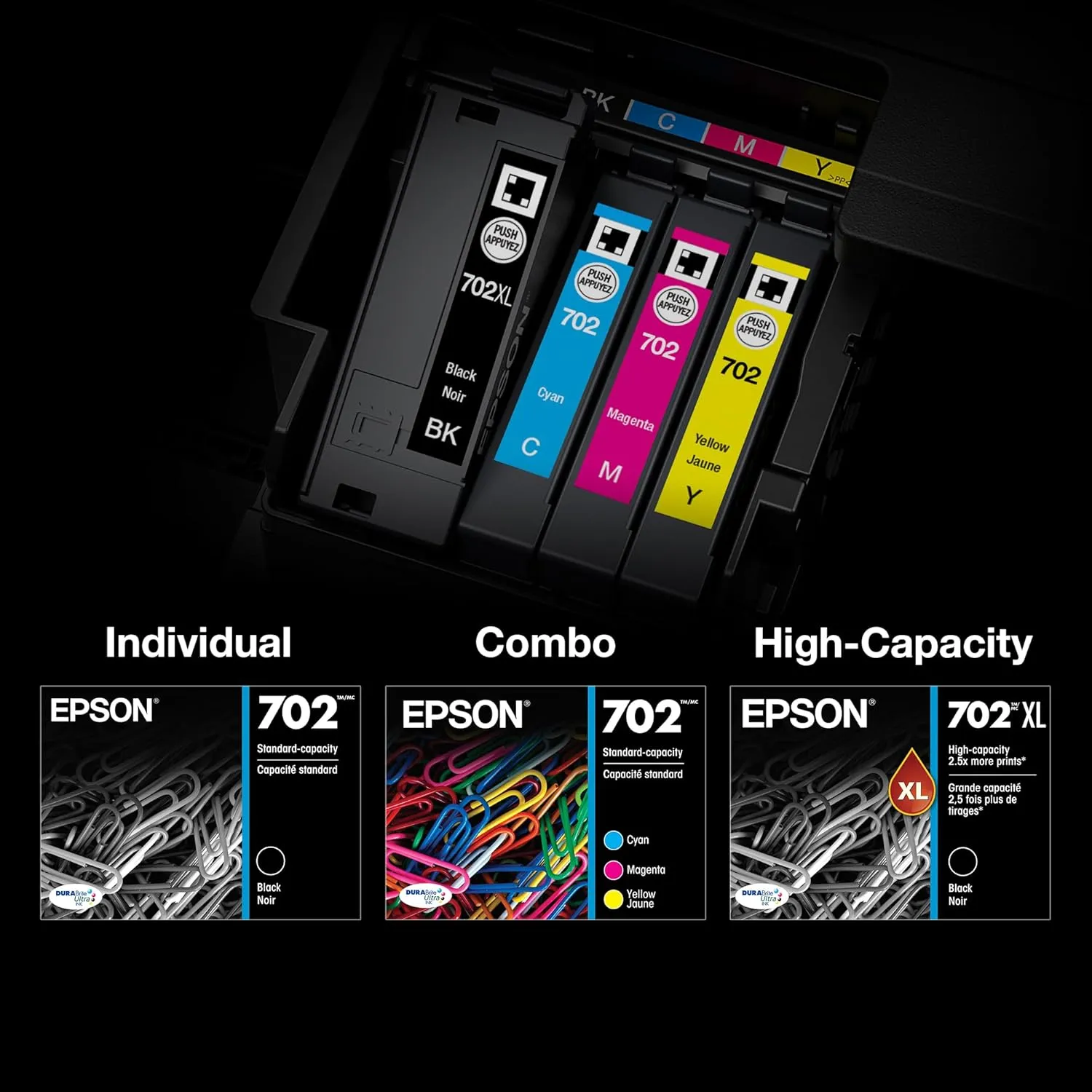 EPSON 702 DURABrite Ultra Ink High Capacity Black & Standard Color Cartridge Combo Pack (T702XL-BCS) Works with WorkForce Pro WF-3720, WF-3730, WF-3733