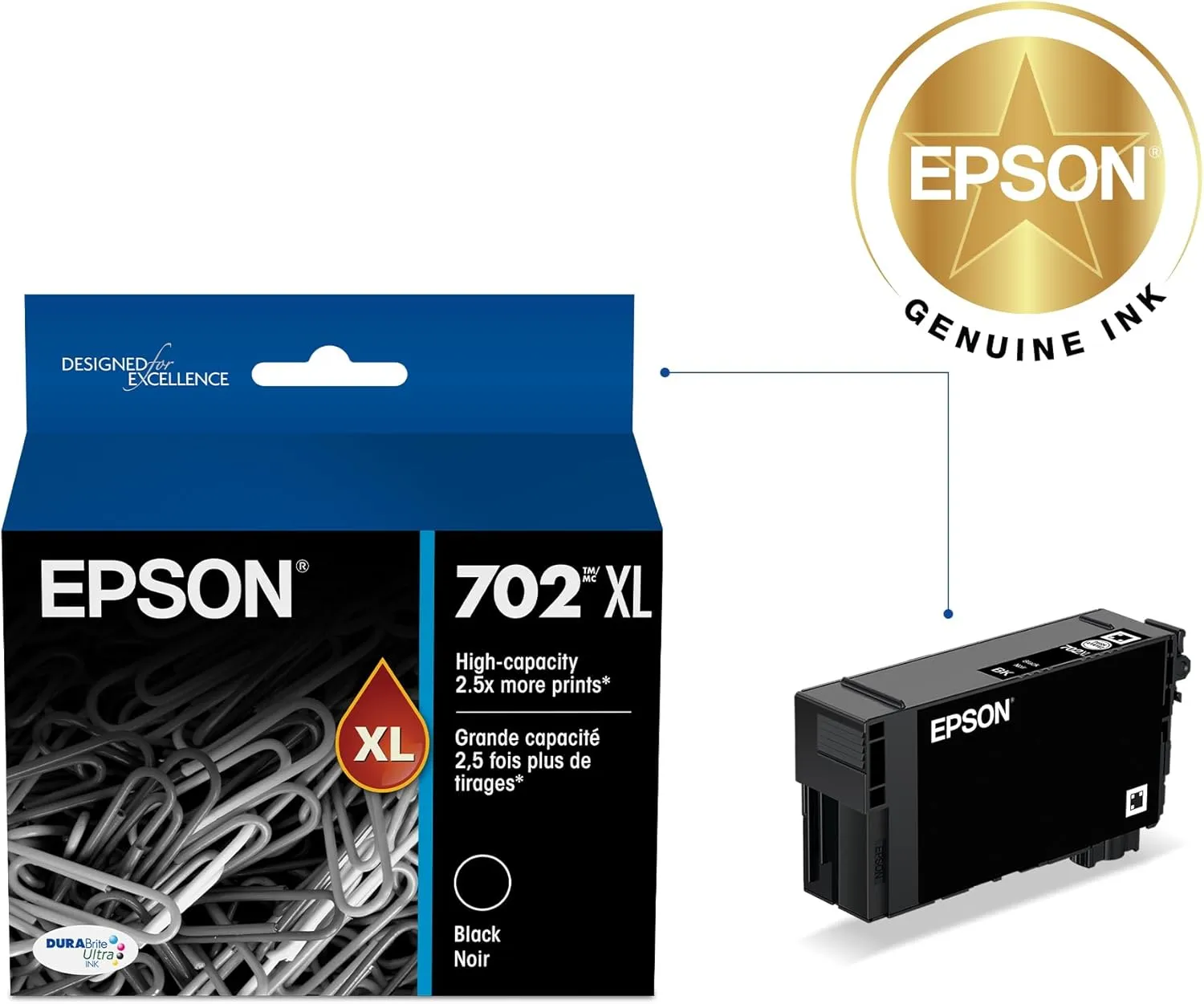 EPSON 702 DURABrite Ultra Ink High Capacity Black Cartridge (T702XL120-S) Works with WorkForce Pro WF-3720, WF-3730, WF-3733