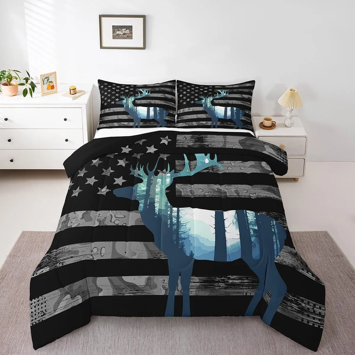 Erosebridal Deer Hunting Comforter Set Twin American Flag Bedding Comforter Sets for Boys Teens Youth, Antlers Animal Printed Bedding Western Wildlife Theme Down Comforter with 1 Pillowcase