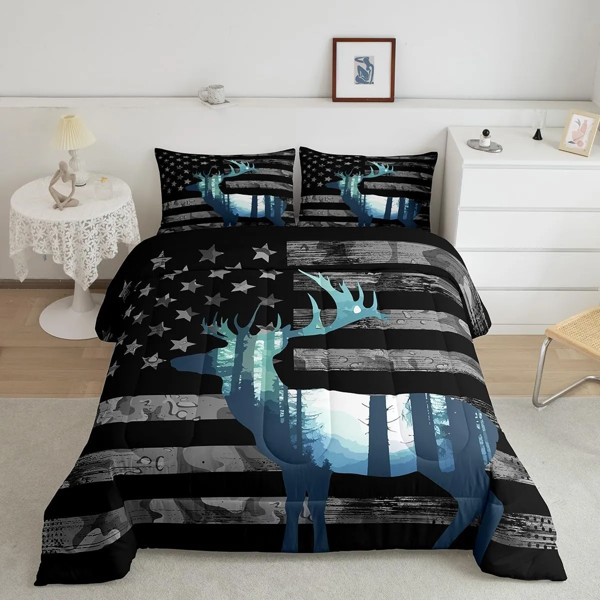 Erosebridal Deer Hunting Comforter Set Twin American Flag Bedding Comforter Sets for Boys Teens Youth, Antlers Animal Printed Bedding Western Wildlife Theme Down Comforter with 1 Pillowcase