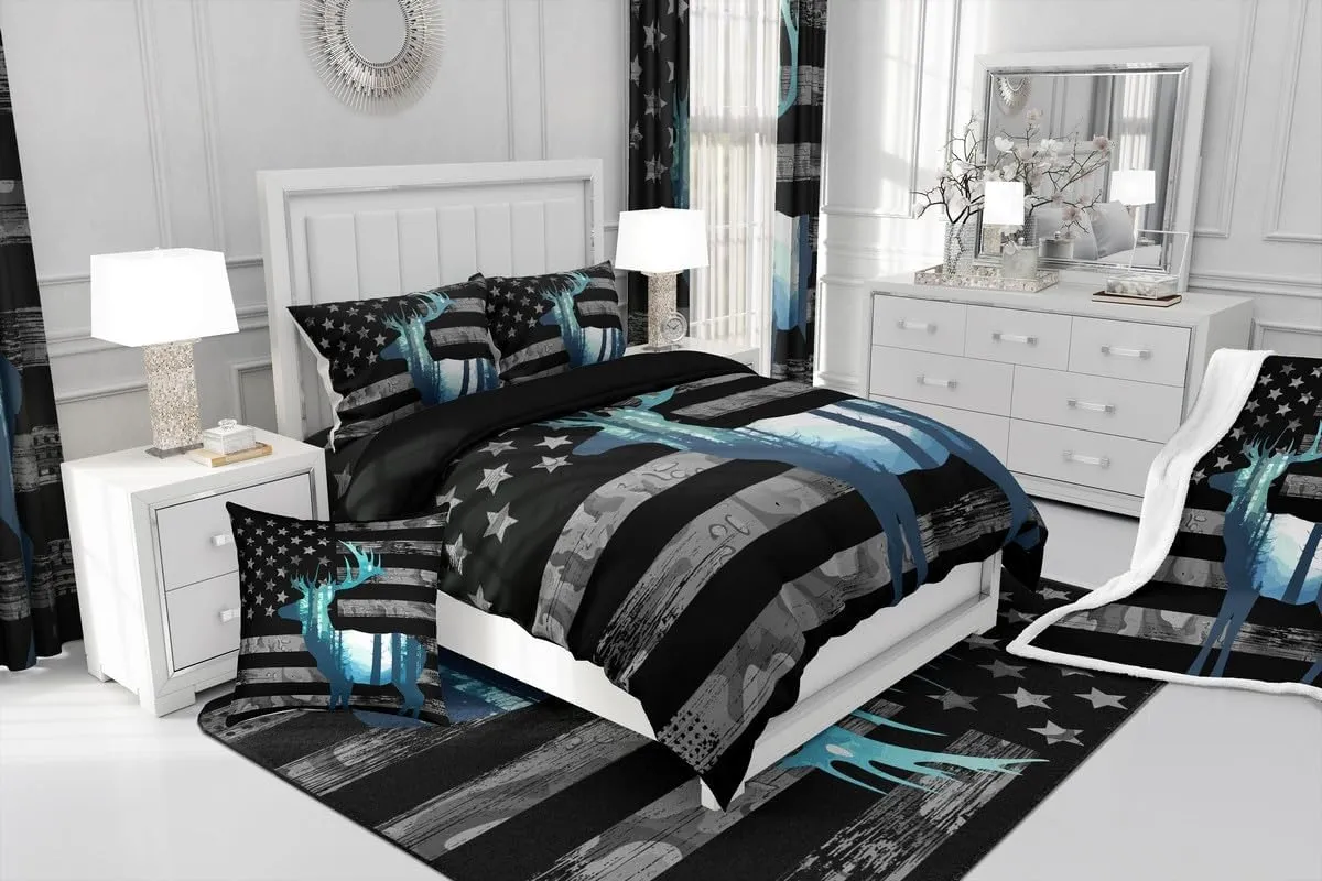 Erosebridal Deer Hunting Comforter Set Twin American Flag Bedding Comforter Sets for Boys Teens Youth, Antlers Animal Printed Bedding Western Wildlife Theme Down Comforter with 1 Pillowcase