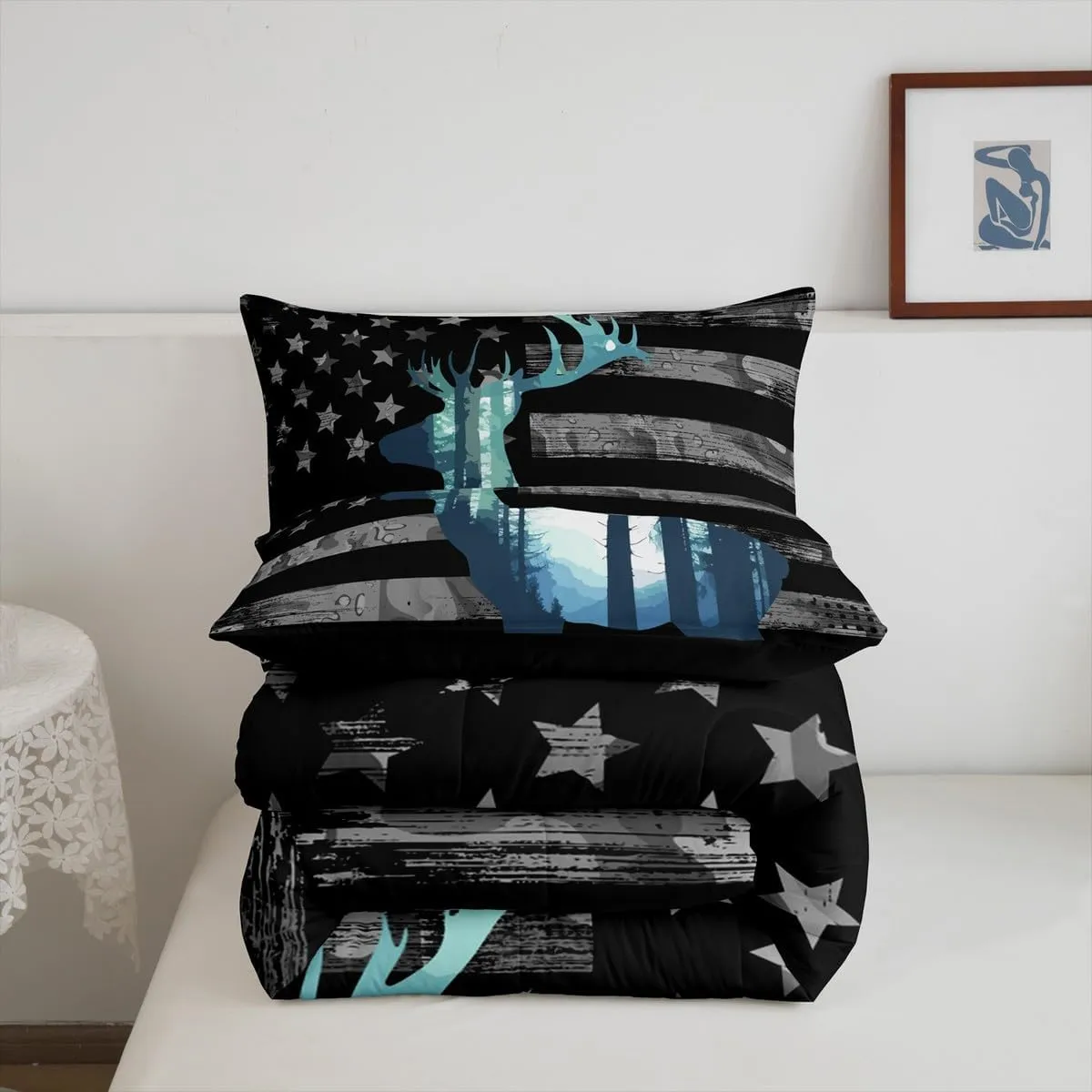 Erosebridal Deer Hunting Comforter Set Twin American Flag Bedding Comforter Sets for Boys Teens Youth, Antlers Animal Printed Bedding Western Wildlife Theme Down Comforter with 1 Pillowcase