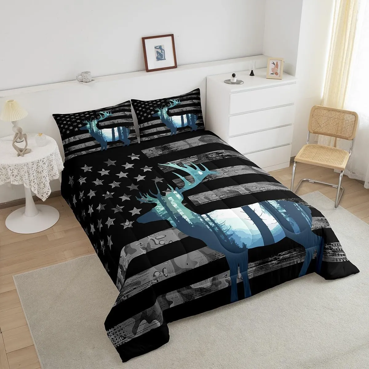 Erosebridal Deer Hunting Comforter Set Twin American Flag Bedding Comforter Sets for Boys Teens Youth, Antlers Animal Printed Bedding Western Wildlife Theme Down Comforter with 1 Pillowcase