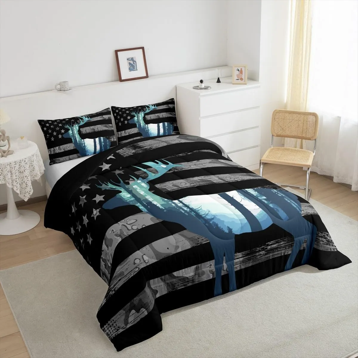 Erosebridal Deer Hunting Comforter Set Twin American Flag Bedding Comforter Sets for Boys Teens Youth, Antlers Animal Printed Bedding Western Wildlife Theme Down Comforter with 1 Pillowcase