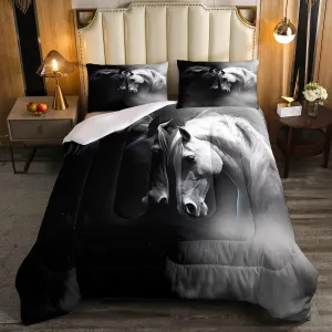 Erosebridal Horse Bedding Valentines Day Gifts for Kids, Black and White Horses Bedding Comforters & Sets Twin Size Wildlife Steed Animal Comforter Set Watercolor 3D Wild Animal Oil Painting Quilt