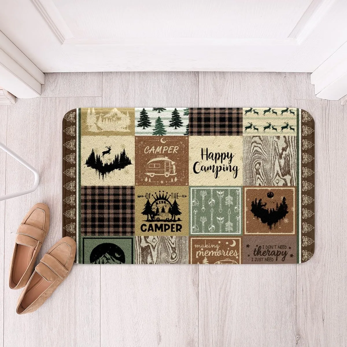 Erosebridal Rv Camper Theme Bathroom Rug Set,Kids Happy Camping Bath Mat Rustic Cabin Room Decor,Travel Trailers Accessories Camper Bath Rug for,Patchwork Buffalo Plaid Door Mat 20"x32"