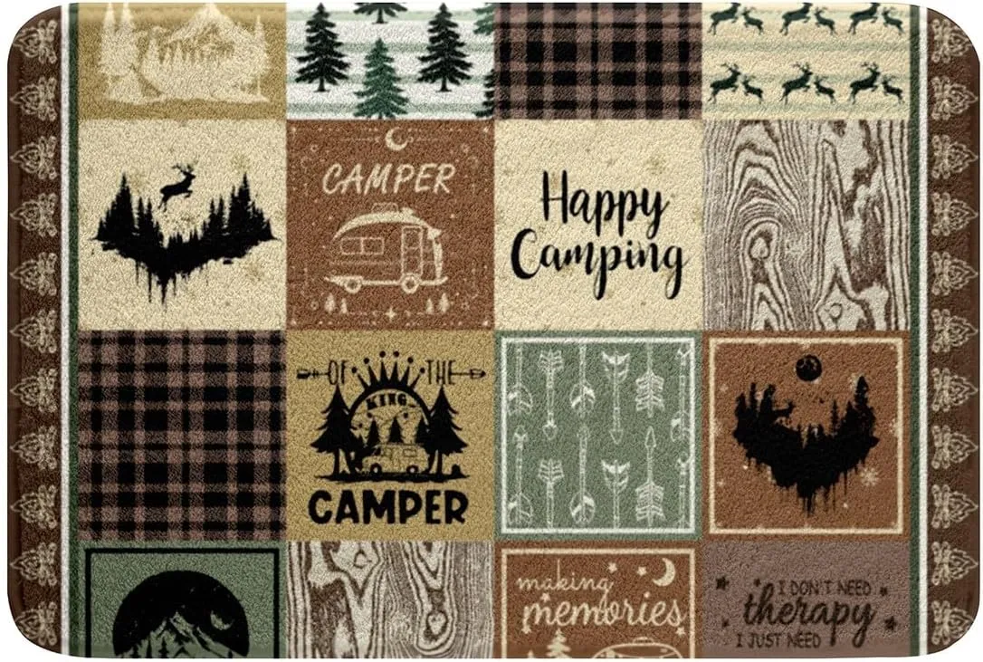 Erosebridal Rv Camper Theme Bathroom Rug Set,Kids Happy Camping Bath Mat Rustic Cabin Room Decor,Travel Trailers Accessories Camper Bath Rug for,Patchwork Buffalo Plaid Door Mat 20"x32"