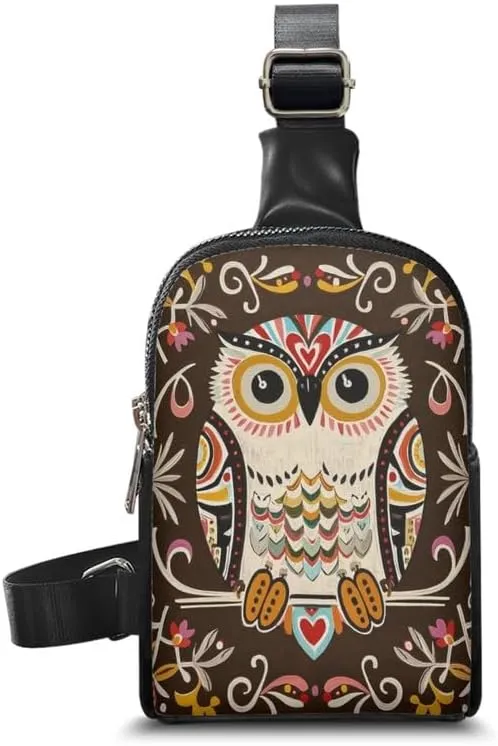 Ethnic Folk Owls Print Small Crossbody Sling Backpack for Women, Bohemia Owl Bird Vegan Fanny Pack Purse PU Leather Over Shoulder Bag Travel Anti Theft