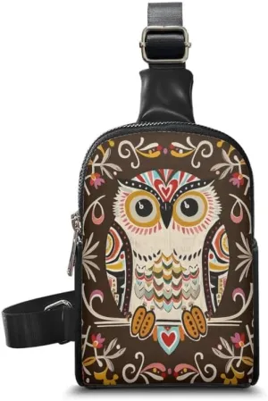 Ethnic Folk Owls Print Small Crossbody Sling Backpack for Women, Bohemia Owl Bird Vegan Fanny Pack Purse PU Leather Over Shoulder Bag Travel Anti Theft