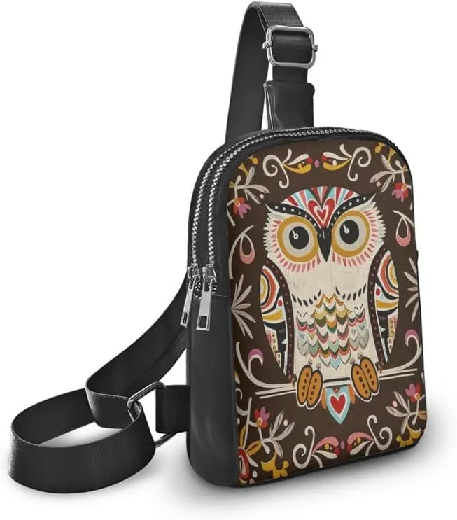 Ethnic Folk Owls Print Small Crossbody Sling Backpack for Women, Bohemia Owl Bird Vegan Fanny Pack Purse PU Leather Over Shoulder Bag Travel Anti Theft