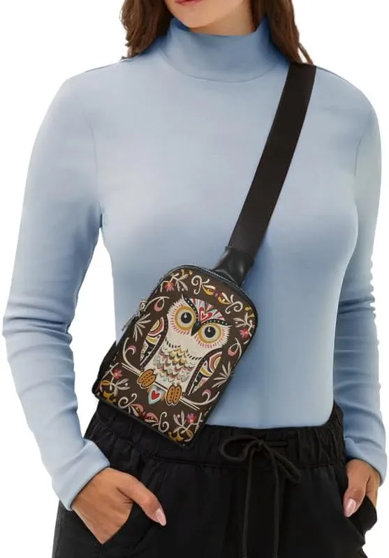 Ethnic Folk Owls Print Small Crossbody Sling Backpack for Women, Bohemia Owl Bird Vegan Fanny Pack Purse PU Leather Over Shoulder Bag Travel Anti Theft