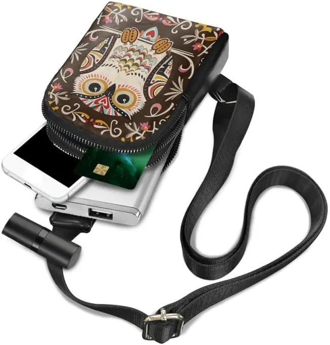 Ethnic Folk Owls Print Small Crossbody Sling Backpack for Women, Bohemia Owl Bird Vegan Fanny Pack Purse PU Leather Over Shoulder Bag Travel Anti Theft