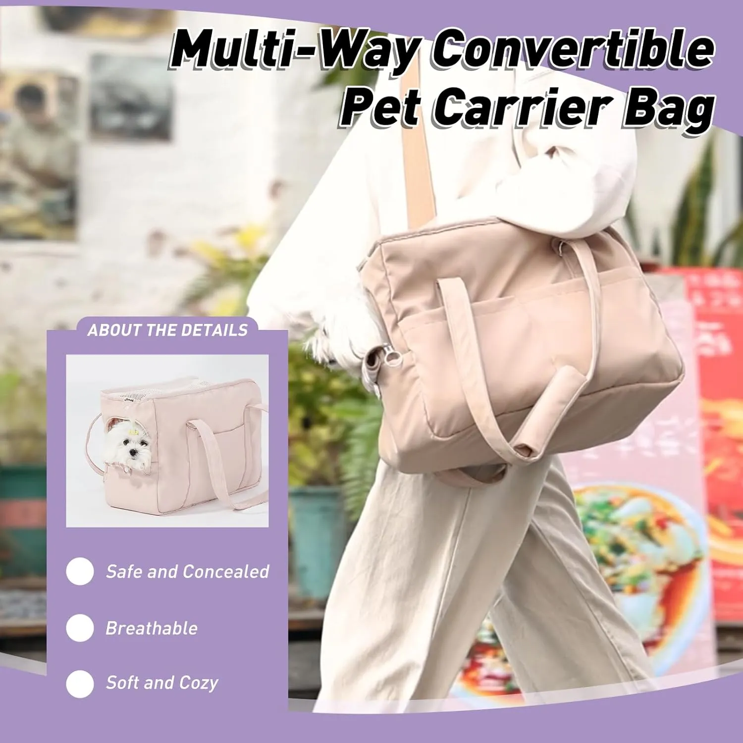 ETIAL 3-in-1 Multi-Way Convertible Pet Carrier Bag - Hands-Free Crossbody/Shoulder/Handheld Tote Purse for Cats & Dogs up to 13lbs, Anti-Escape Strap, Dual-Sided Windows Beige