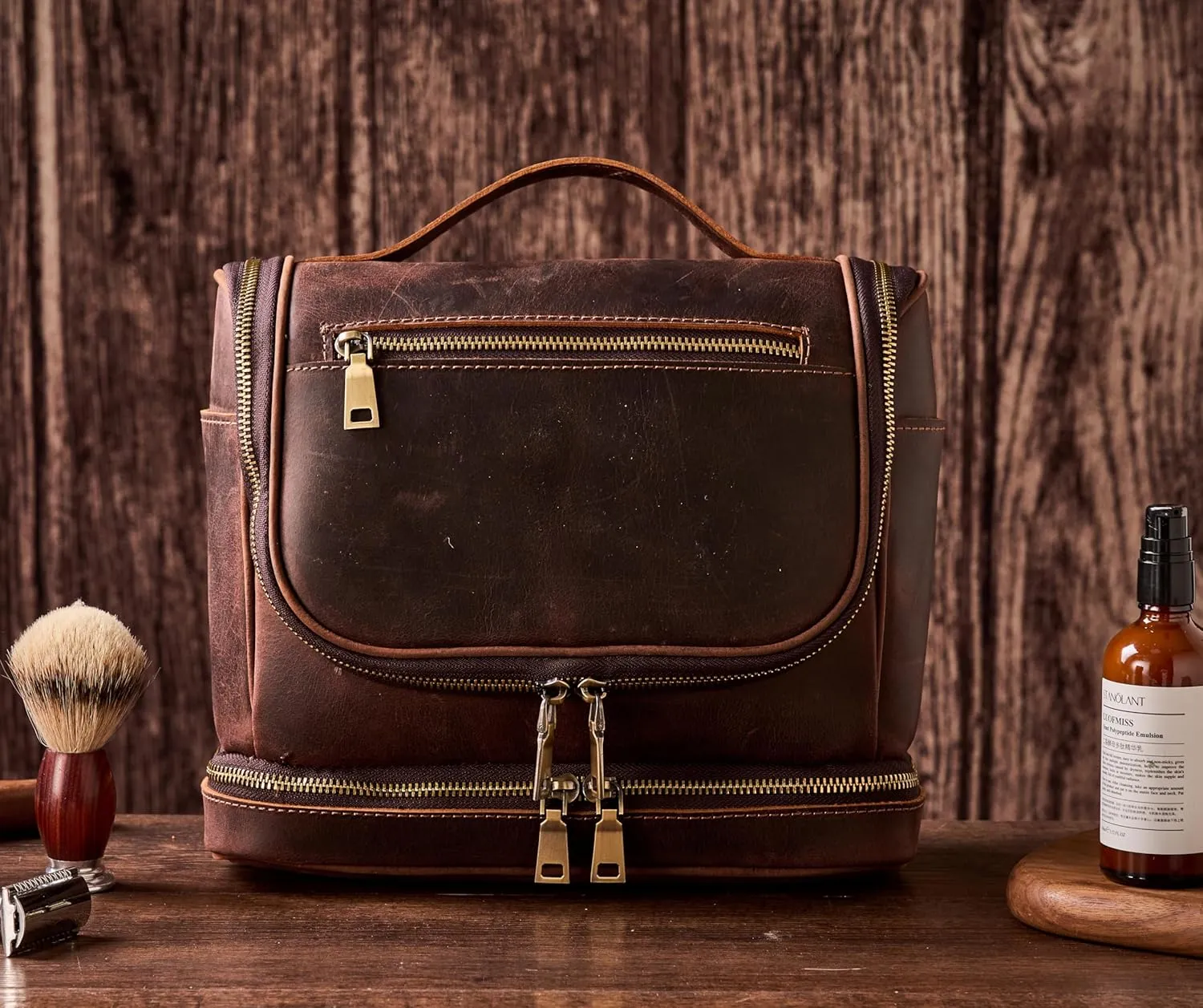 EURYNOME Travel Toiletry Bag For Men, Genuine Leather Shaving Dopp Kit Bottom Storage Holds More (11x8.6x4.7)-Mens Toiletry Bag -Leather Makeup Cosmetic Organizer Kit - Men Travel Toiletries Bag