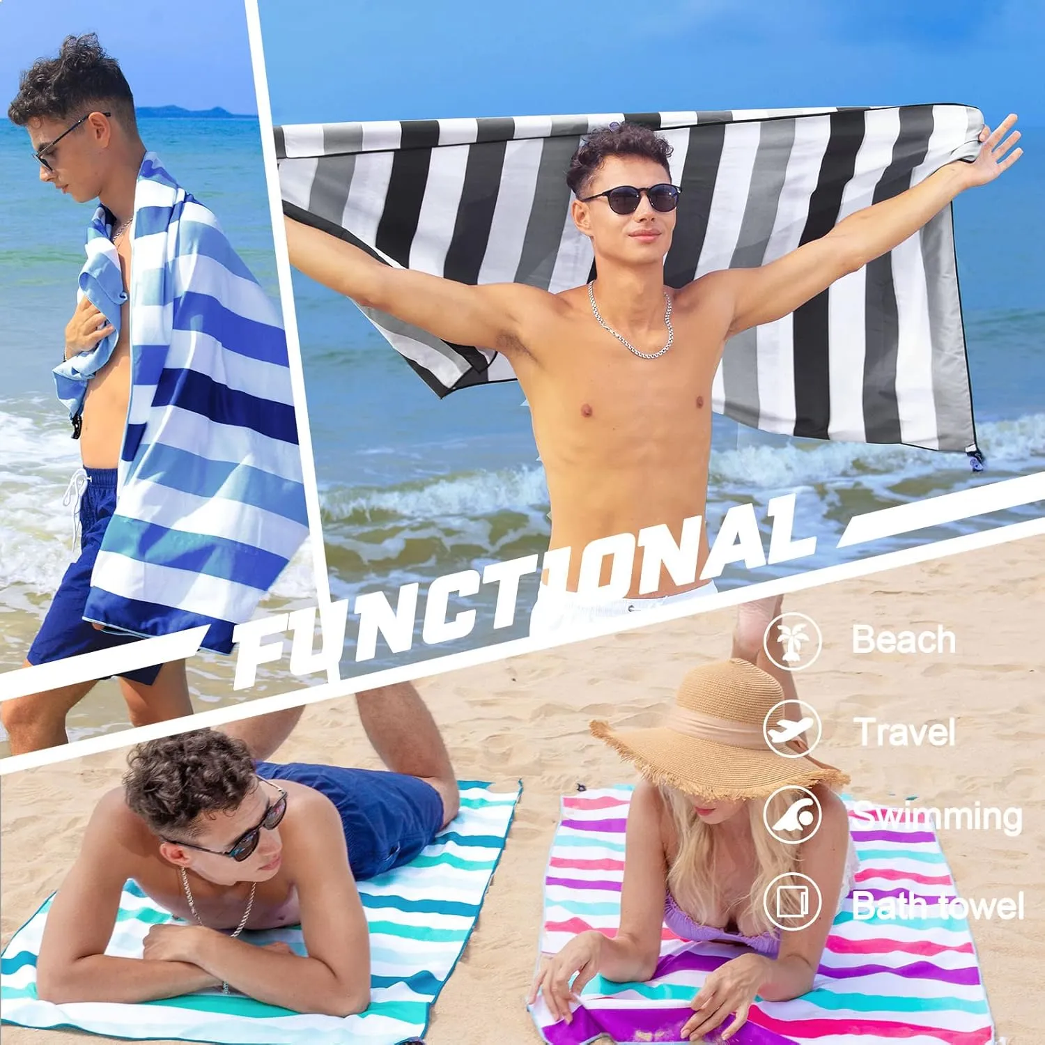Exclusivo Mezcla 2 Pack Large Quick Dry Beach Towels, Microfiber Sand Free Cabana Stripe Pool Bath Swim Towel with Bag, Lightweight and Thin (Green and Purple, 30x60 Inches)