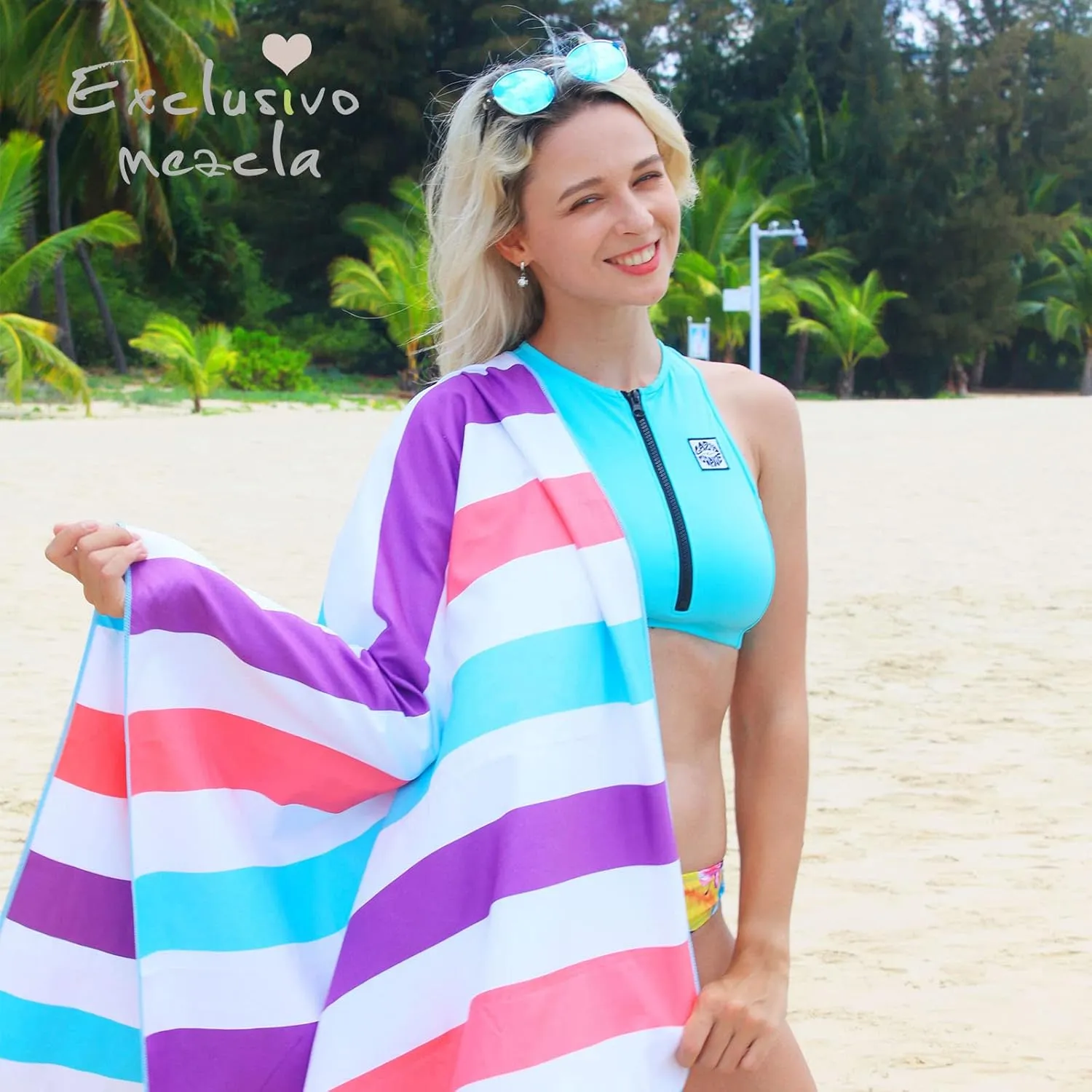 Exclusivo Mezcla 2 Pack Large Quick Dry Beach Towels, Microfiber Sand Free Cabana Stripe Pool Bath Swim Towel with Bag, Lightweight and Thin (Green and Purple, 30x60 Inches)
