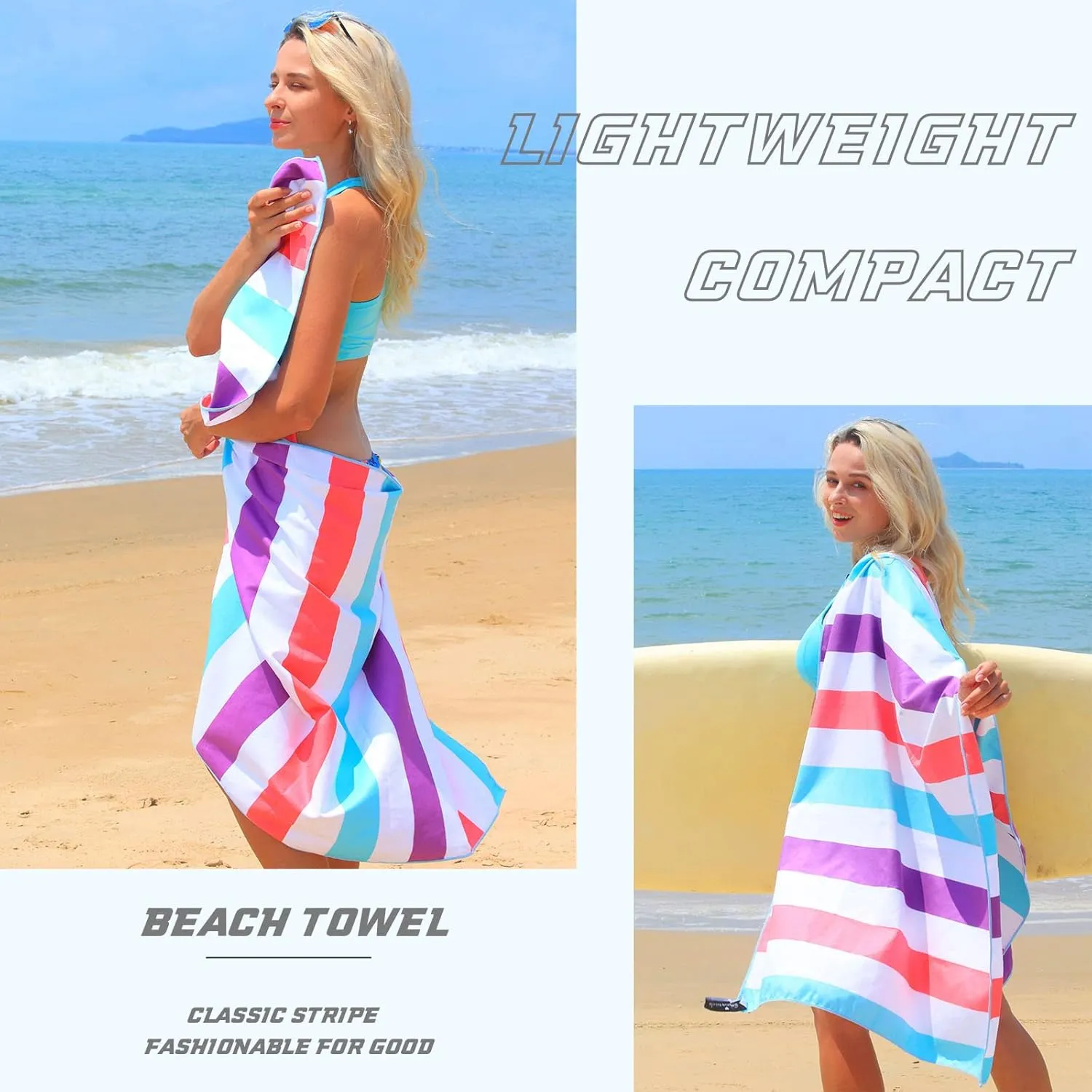 Exclusivo Mezcla 2 Pack Large Quick Dry Beach Towels, Microfiber Sand Free Cabana Stripe Pool Bath Swim Towel with Bag, Lightweight and Thin (Green and Purple, 30x60 Inches)