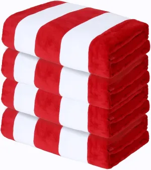 Exclusivo Mezcla 4 Pack Cotton Oversized 35x70 Inches Soft Cabana Stripe Thick Beach Towel, Super Absorbent Travel Bath Pool Towel (Red)