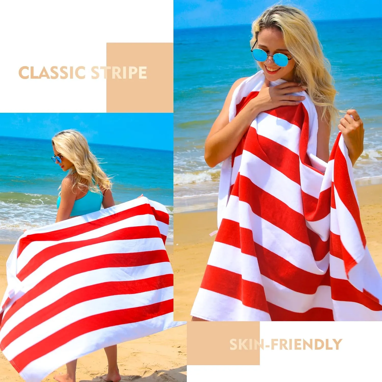 Exclusivo Mezcla 4 Pack Cotton Oversized 35x70 Inches Soft Cabana Stripe Thick Beach Towel, Super Absorbent Travel Bath Pool Towel (Red)