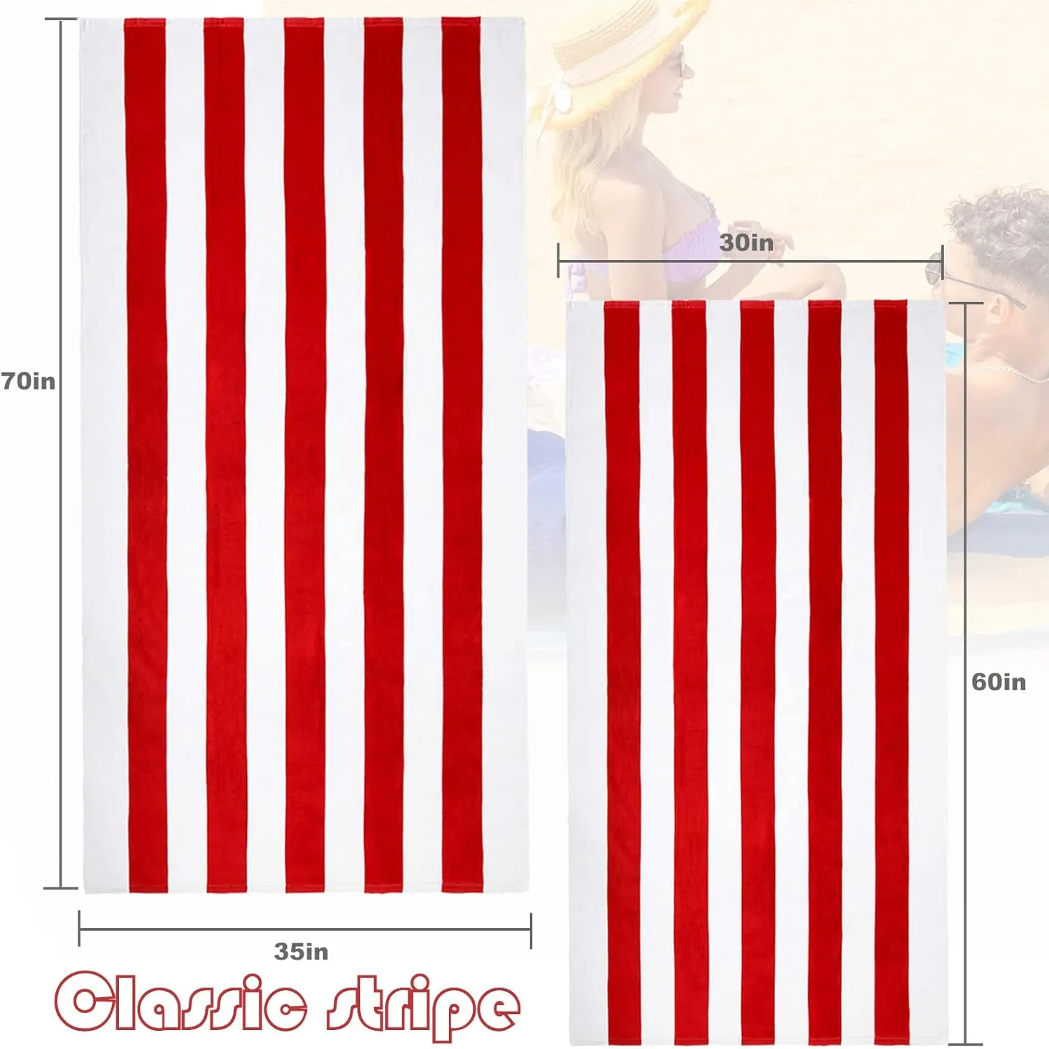 Exclusivo Mezcla 4 Pack Cotton Oversized 35x70 Inches Soft Cabana Stripe Thick Beach Towel, Super Absorbent Travel Bath Pool Towel (Red)