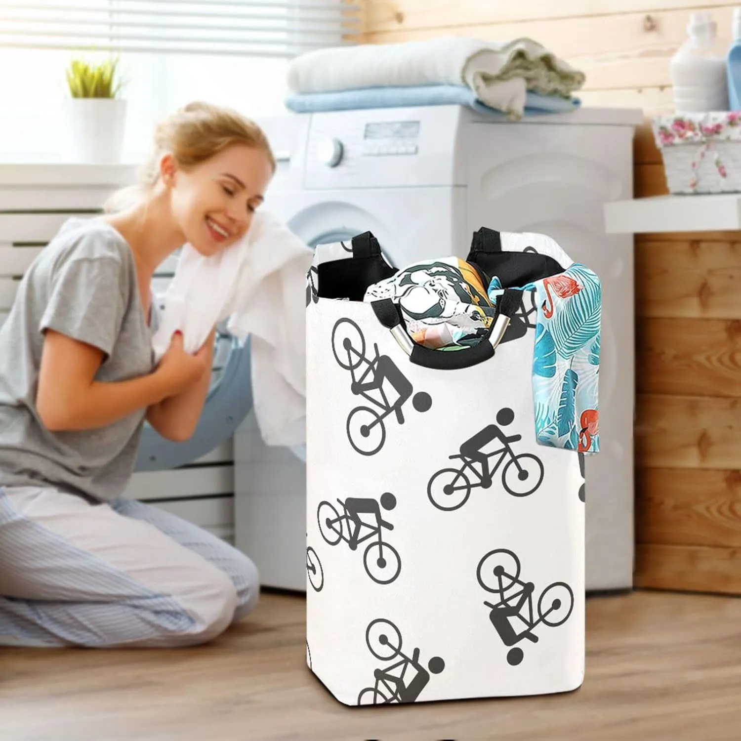 Exnundod Laundry Hamper People on Bicycle Icon Laundry Basket Collapsible Laundry Bag Cloth Hamper Towel Basket Large Storage Bag for Dorm Bedroom
