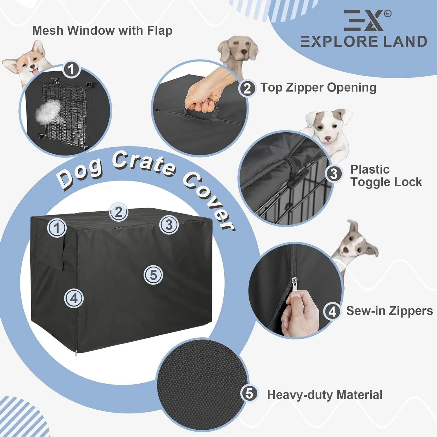 Explore Land 36 inches Dog Crate Cover Heavy Duty Polyester Pet Kennel Sunshade Universal Fit for Wire Cage (Black)