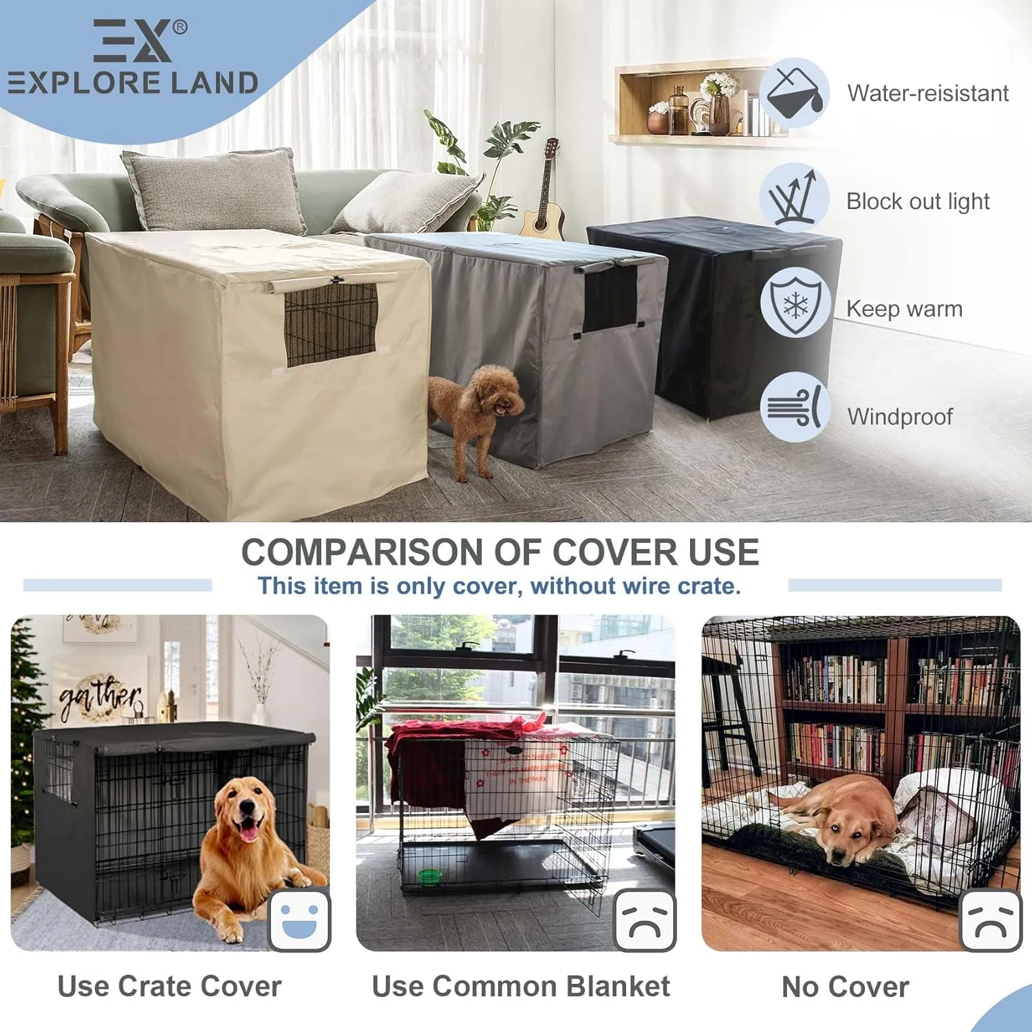 Explore Land 36 inches Dog Crate Cover Heavy Duty Polyester Pet Kennel Sunshade Universal Fit for Wire Cage (Black)