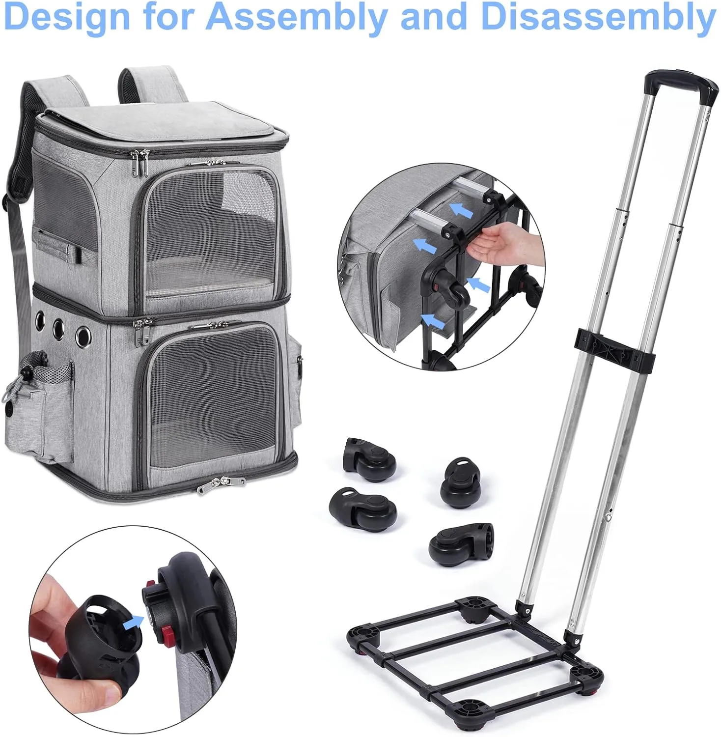 Extra Large Double-Compartment Pet Carrier Backpack with Wheels for Small Dogs and Cats, Cat Rolling Carrier for 2 Cats, Perfect for Traveling/Taking a Walk/Trips to The Vet, Grey