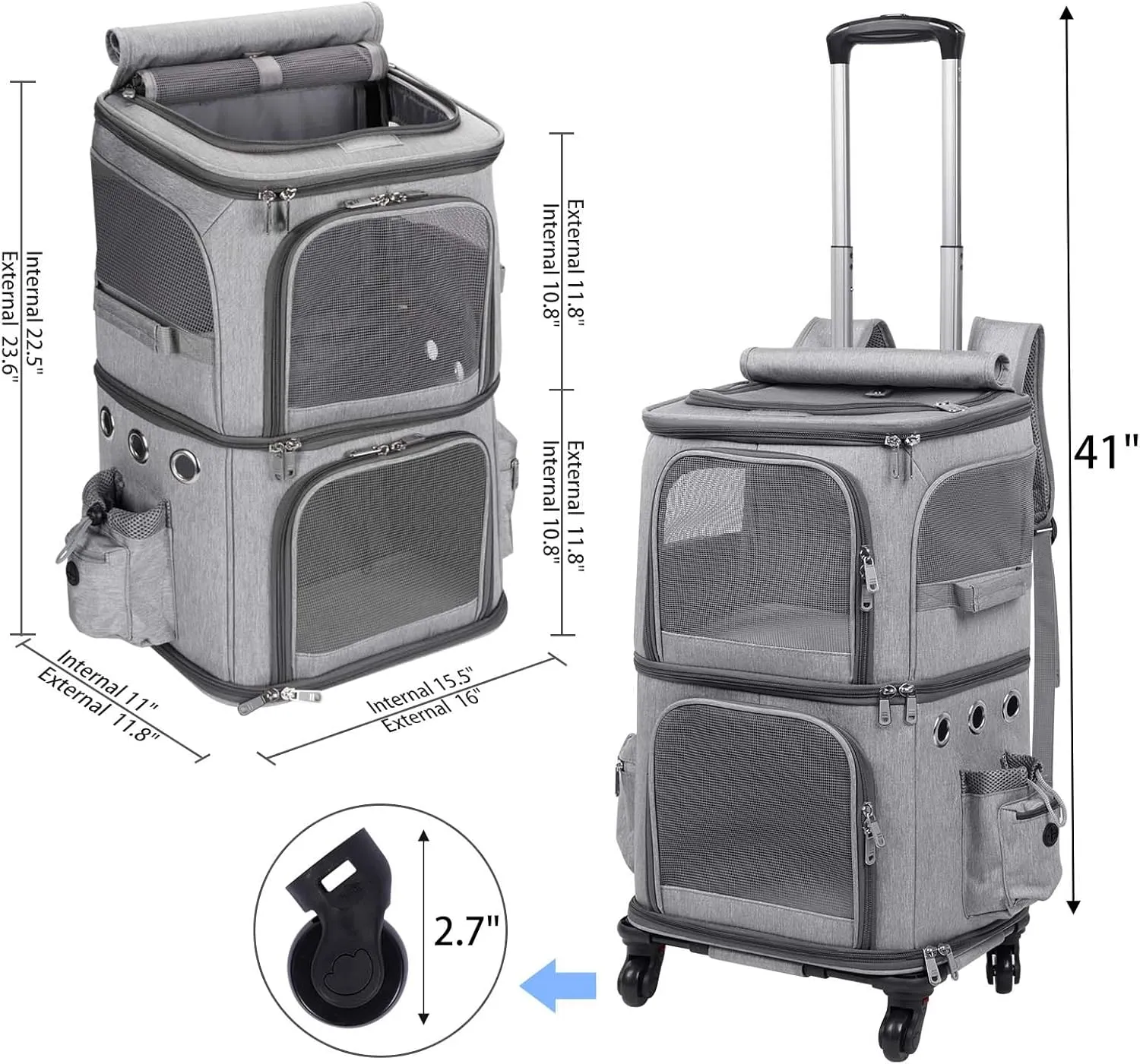 Extra Large Double-Compartment Pet Carrier Backpack with Wheels for Small Dogs and Cats, Cat Rolling Carrier for 2 Cats, Perfect for Traveling/Taking a Walk/Trips to The Vet, Grey