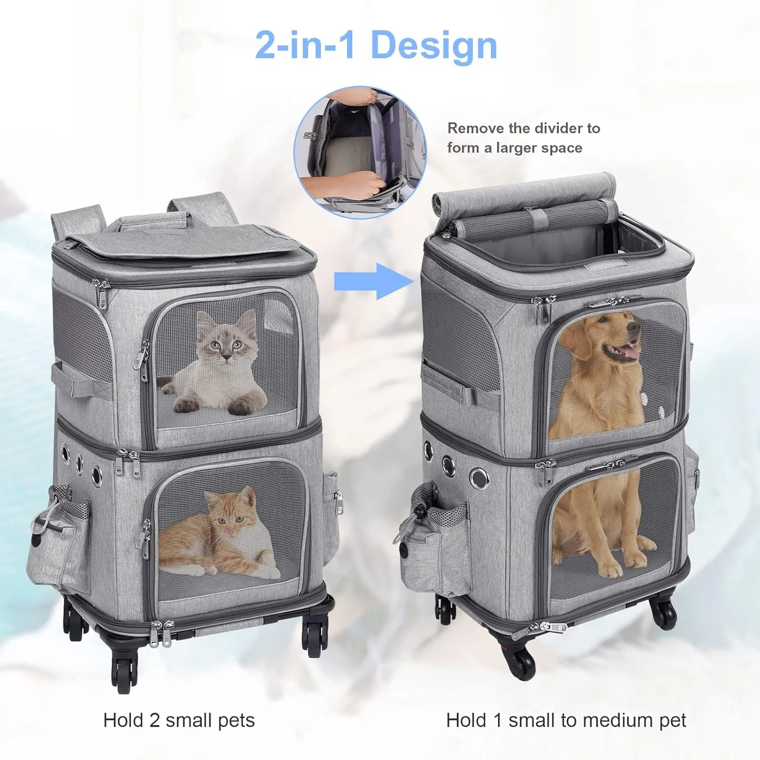 Extra Large Double-Compartment Pet Carrier Backpack with Wheels for Small Dogs and Cats, Cat Rolling Carrier for 2 Cats, Perfect for Traveling/Taking a Walk/Trips to The Vet, Grey