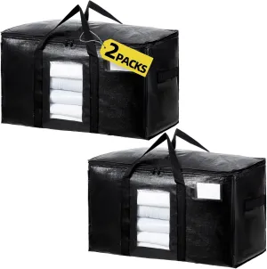 Extra Large Moving Bags 2 Packs, Heavy Duty Storage Bags with Zipper & Wrap Handles, Collapsible Storage Totes with Tag Pocket for Home & Dorm, Black