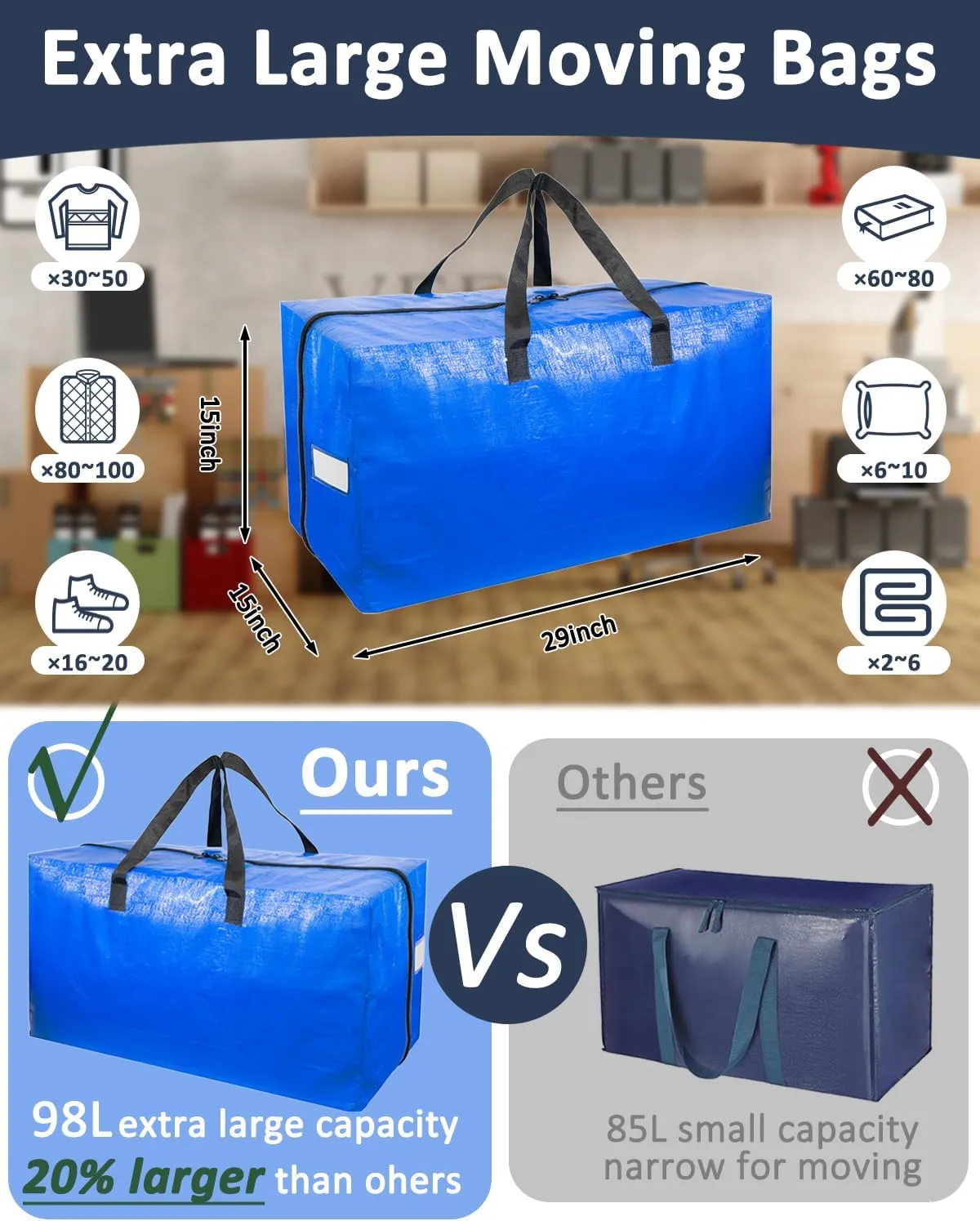 Extra Large Moving Bags with Strong Handles, 4 Pack Heavy Duty Storage Bags with Smooth Zipper, Oversized Storage Tote for Clothes Moving Supplies Dorm Essentials Household Containers
