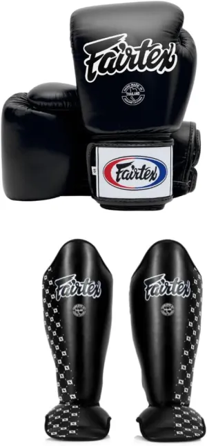 Fairtex BGV1 14 oz Black Glove   Fairtex SP5 Black Medium Shin Guard