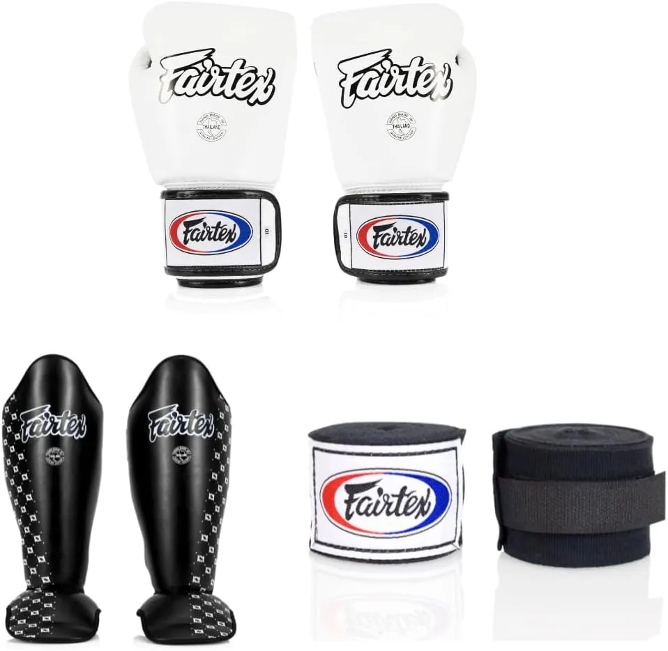 Fairtex BGV1 16 oz White Glove   Fairtex Muay Thai Handwrap Black 180 inch   SP5 Black Medium Shin Guards