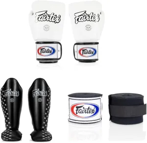 Fairtex BGV1 16 oz White Glove   Fairtex Muay Thai Handwrap Black 180 inch   SP5 Black Medium Shin Guards