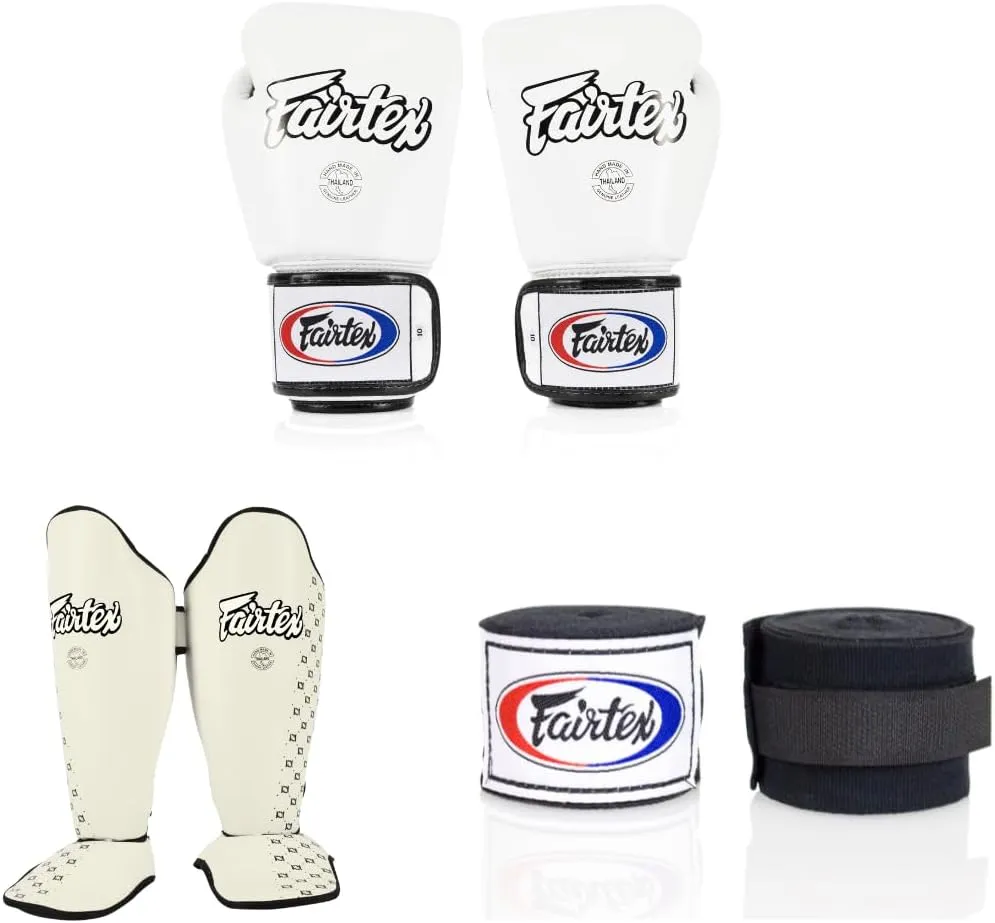 Fairtex BGV1 16 oz White Glove   Fairtex Muay Thai Handwrap Black 180 inch   SP5 White Medium Shin Guards