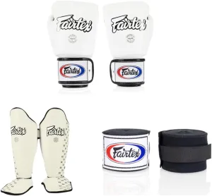 Fairtex BGV1 16 oz White Glove   Fairtex Muay Thai Handwrap Black 180 inch   SP5 White Medium Shin Guards