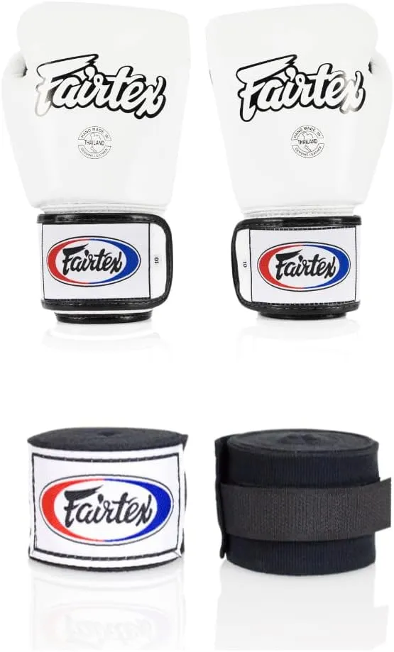Fairtex BGV1 16 oz White Glove   Fairtex Muay Thai Handwrap Black 180 inch