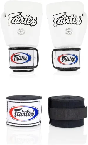 Fairtex BGV1 16 oz White Glove   Fairtex Muay Thai Handwrap Black 180 inch