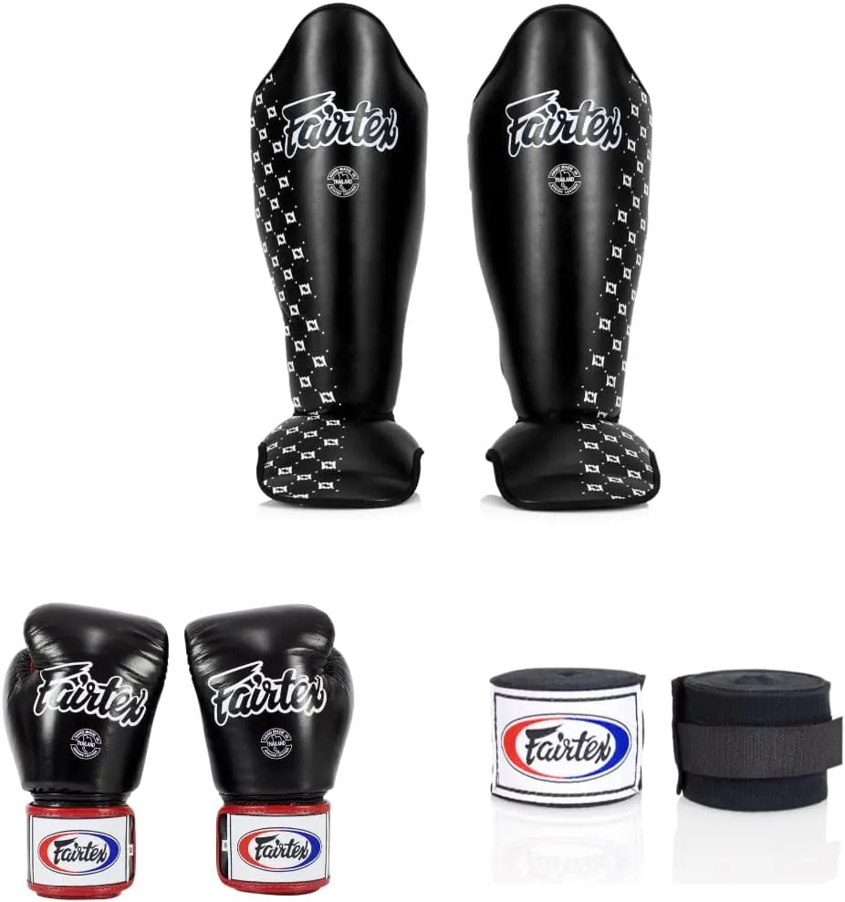 Fairtex SP5 Black Large Shin Guards   BGV1 16 oz Black/White/Red Glove Muay Thai Handwrap Black 180 inch