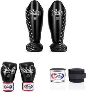 Fairtex SP5 Black Large Shin Guards   BGV1 16 oz Black/White/Red Glove Muay Thai Handwrap Black 180 inch