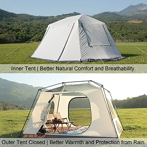 Family Camping Tent, Pop Up Tent 4 Person Family Dome Tent Waterproof Windproof with Roof Skylights, 2 in 1 Double Layers Outdoor Tents for Camping Hi