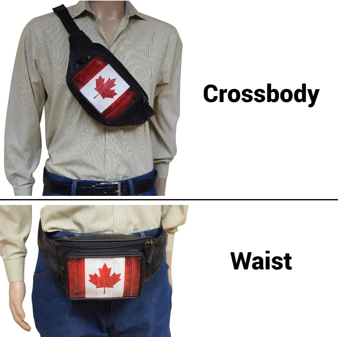 Fanny Pack Genuine Leather Adjustable Waist Crossbody Bag for Outdoor Travel with Country Flags USA, UK, CANADA, MEXICO, & PUERTO RICO (CANADA)
