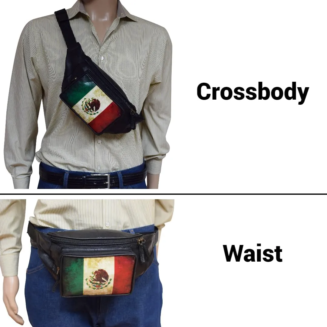Fanny Pack Genuine Leather Adjustable Waist Crossbody Bag for Outdoor Travel with Country Flags USA, UK, CANADA, MEXICO, & PUERTO RICO (MEXICO)