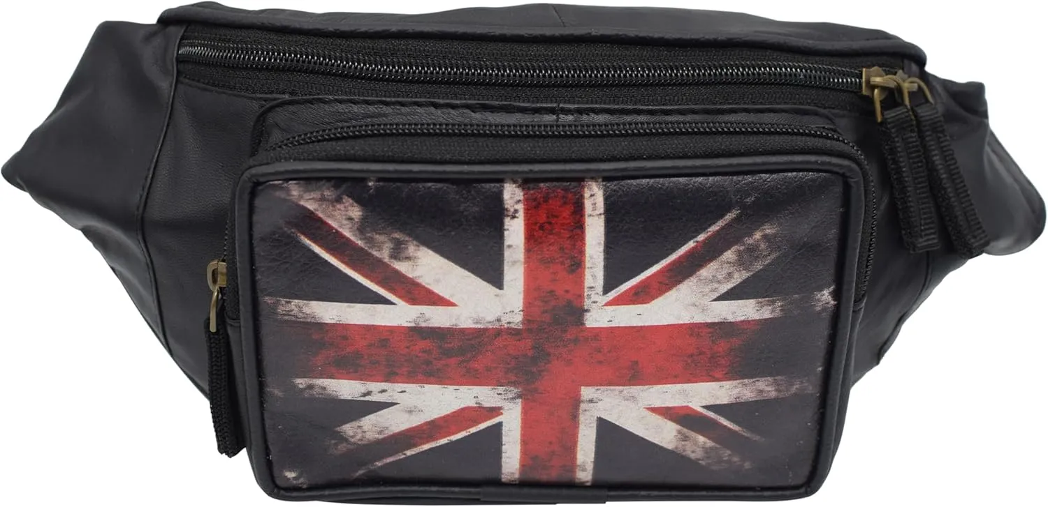 Fanny Pack Genuine Leather Adjustable Waist Crossbody Bag for Outdoor Travel with Country Flags USA, UK, CANADA, MEXICO, & PUERTO RICO (UK)