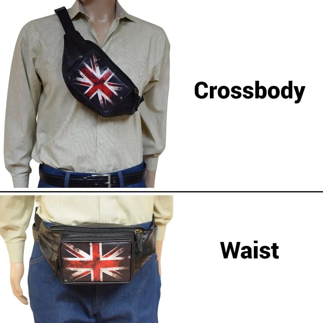 Fanny Pack Genuine Leather Adjustable Waist Crossbody Bag for Outdoor Travel with Country Flags USA, UK, CANADA, MEXICO, & PUERTO RICO (UK)