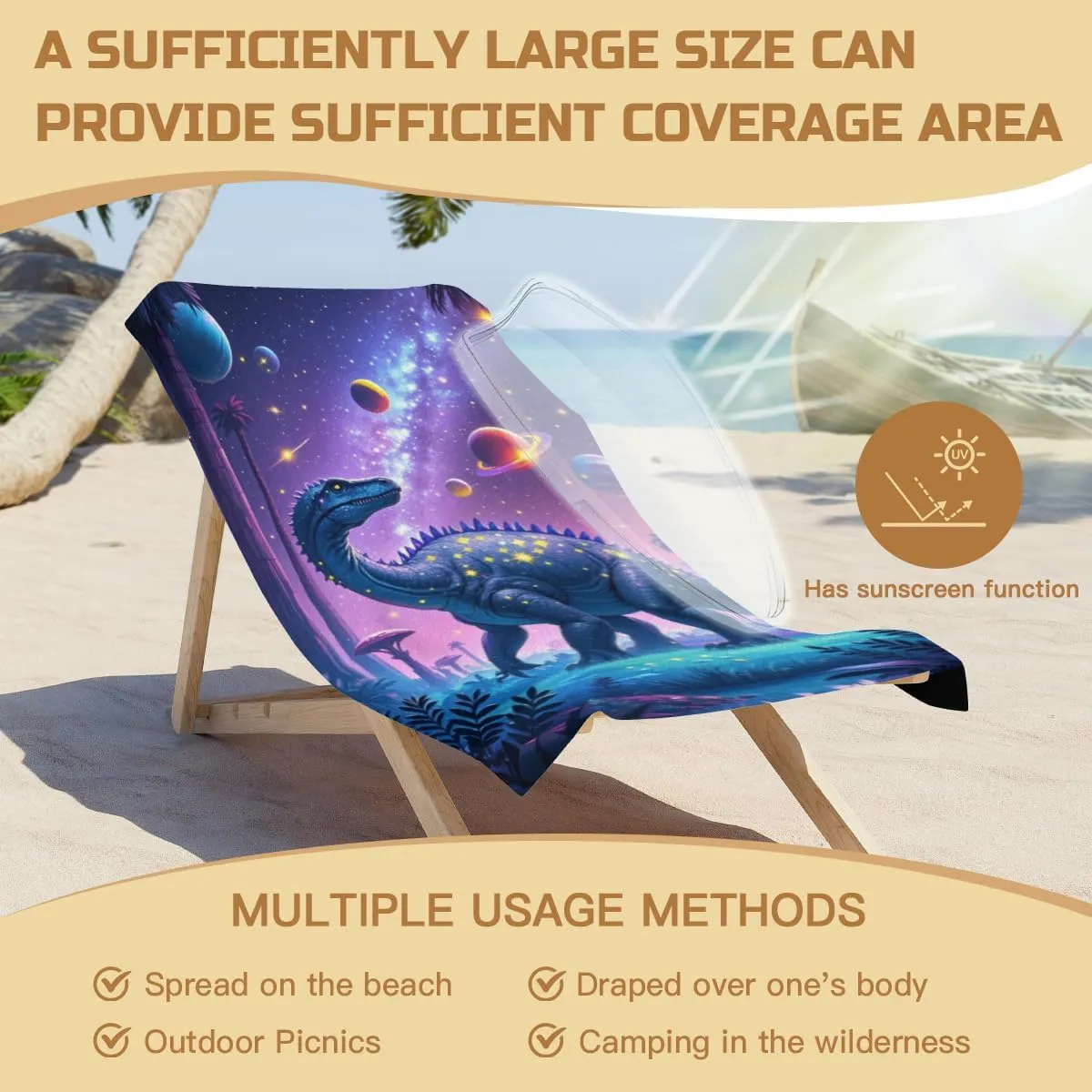 Fantasy Dinosaurs Microfiber Beach Towel Blue Cartoon Character Quick Dry Absorbent Sand Free Oversized Lightweight Beach Blanket, Summer Vacation Picnic Essentials 40" x 70"