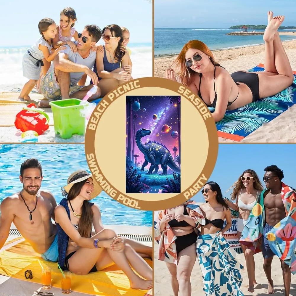 Fantasy Dinosaurs Microfiber Beach Towel Blue Cartoon Character Quick Dry Absorbent Sand Free Oversized Lightweight Beach Blanket, Summer Vacation Picnic Essentials 40" x 70"