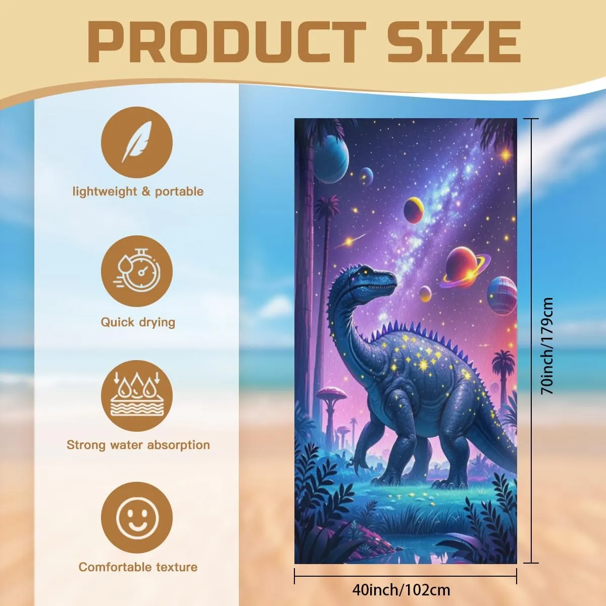 Fantasy Dinosaurs Microfiber Beach Towel Blue Cartoon Character Quick Dry Absorbent Sand Free Oversized Lightweight Beach Blanket, Summer Vacation Picnic Essentials 40" x 70"