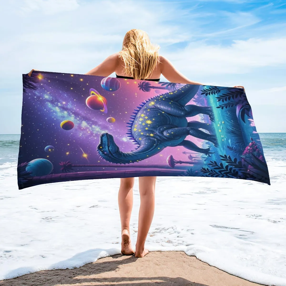 Fantasy Dinosaurs Microfiber Beach Towel Blue Cartoon Character Quick Dry Absorbent Sand Free Oversized Lightweight Beach Blanket, Summer Vacation Picnic Essentials 40" x 70"